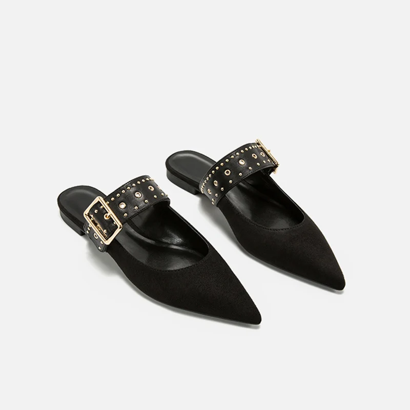 Black Baimier/летние женские сандалии из натуральной кожи; золотой ремешок с пряжкой с заклепками; женские шлепанцы; коллекция года; летние пляжные женские сандалии без застежки на плоской подошве - Цвет: Black