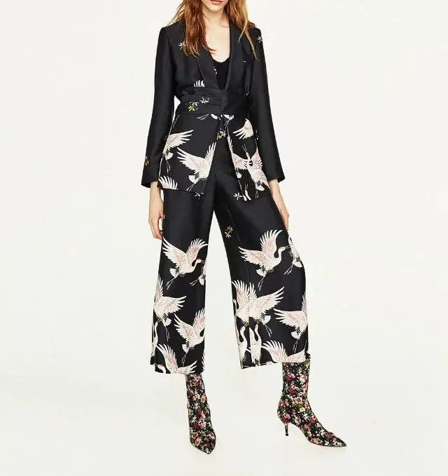 Женский винтажный костюм блейзер с принтом журавль брюки ретро широкими