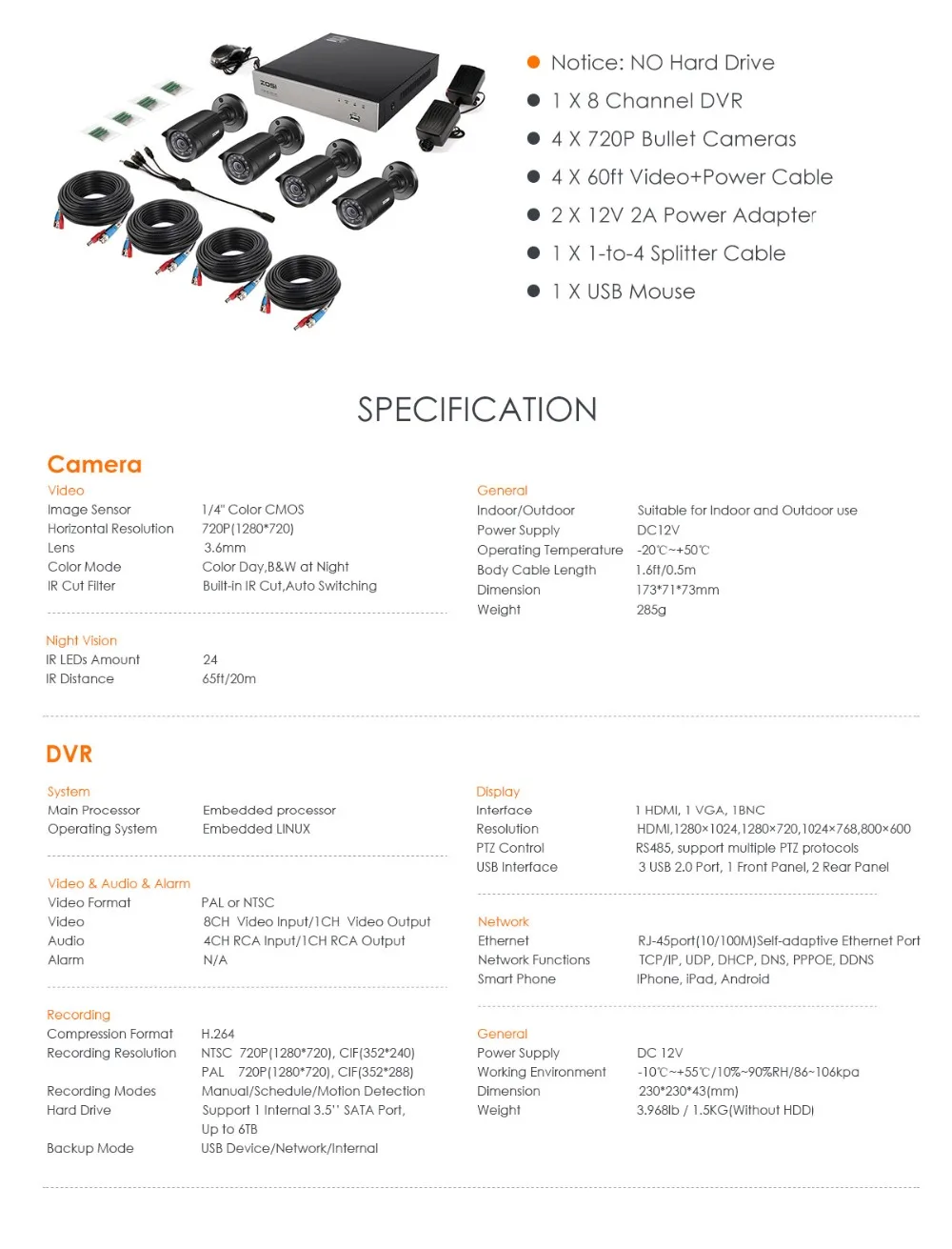 ZOSI 8CH 720P CCTV система 4в1 1080N DVR 720P Водонепроницаемая ИК наружная CCTV камера безопасности домашний комплект видеонаблюдения