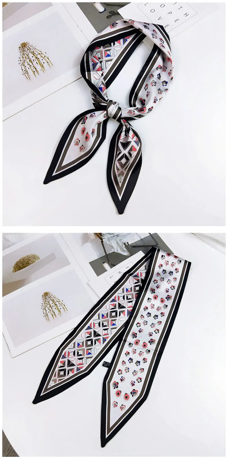 Fashion Hair Scarf For Women Neckerchief Cute Tie Wrist Ribbons Print Silk Satin Bag Scarfs Long Skinny Scarves For Ladies