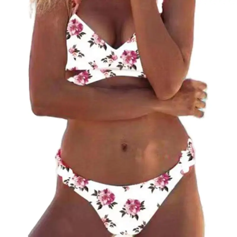 Women Sexy Two Piece Set Deep V-Neck Wrap Front Lace Up Bra Low Waist Ruched Waistband Thong Bohemian Floral Swimsuit