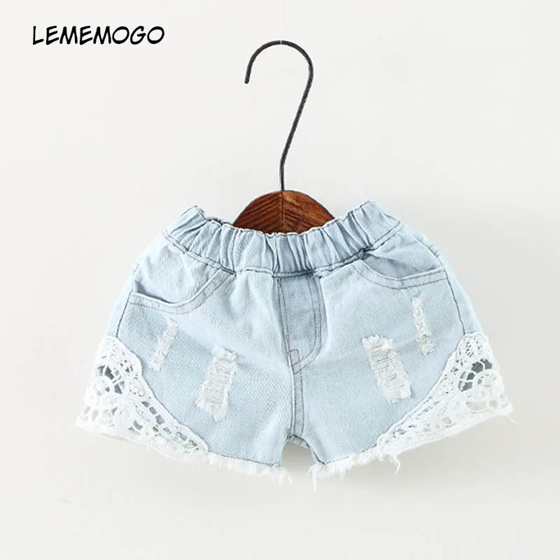 Lememogo/короткие джинсы с дырками для маленьких девочек Новинка, Детские однотонные шорты для девочек, шорты с эластичной резинкой на талии детские узкие универсальные джинсы