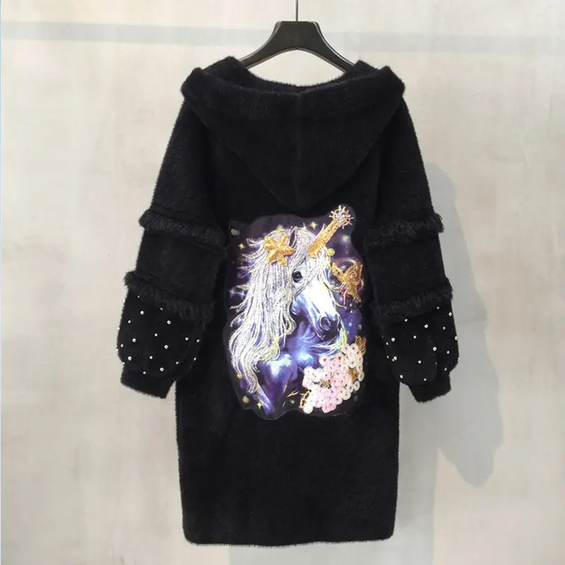 Autumn winter Velvet Hooded Cardigan Sweater Women Medium Long Loose Jacket Sleeve knitting Beading Feminine coat SS20 |