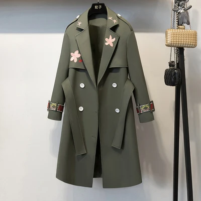 ArmyGreen Осенний высококачественный длинный Тренч женский классический двубортный с вышивкой тонкая верхняя одежда женский модный Дизайн Тренч пальто - Цвет: ArmyGreen