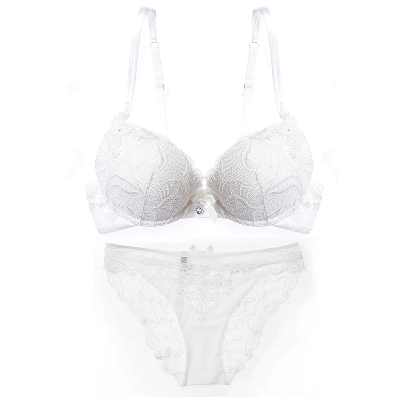 WHITE Lilymoda, женский сексуальный бюстгальтер, набор, Цветочный, кружевной, вышивка, стразы, женское нижнее белье, бюстгальтер пуш-ап и нижнее белье, Pany Set - Цвет: WHITE