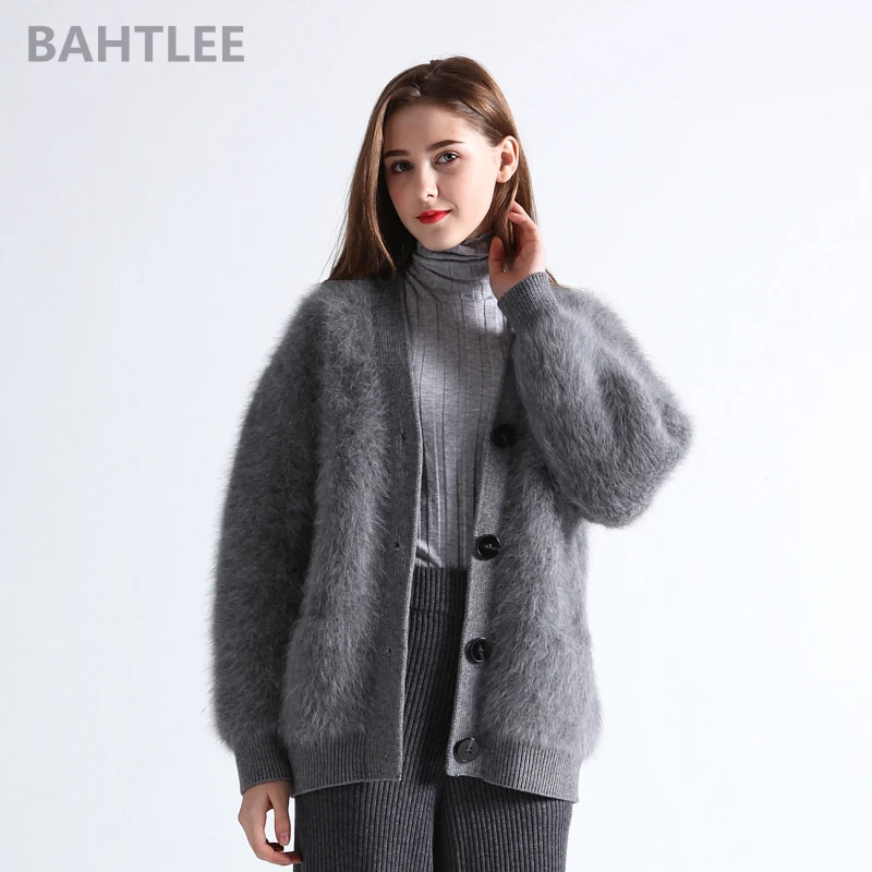 BAHTLEE, зимний шерстяной вязаный женский кардиган из ангоры, свитер, норка, кашемир, v-образный вырез, пуговица, карман, толстый, сохраняет тепло