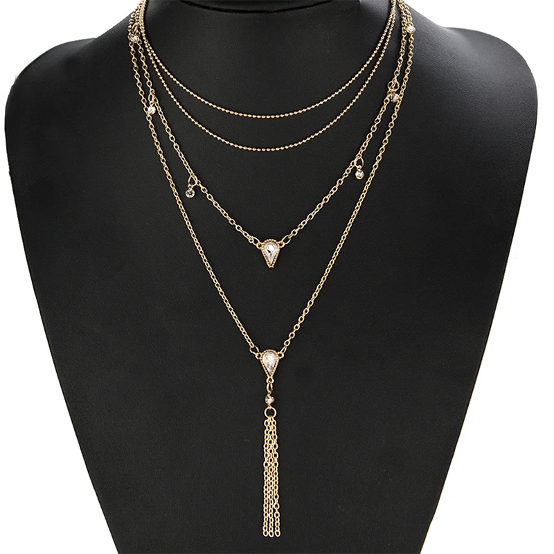 Lalynnlys New Hot Rhinestone Multi-layer Necklace Gold Color Bohemian Choker Necklace For Women Party Wedding Jewelry N68061