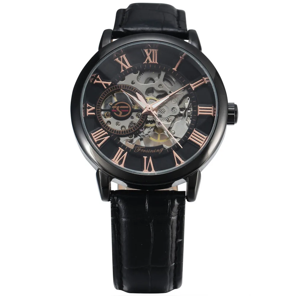 Топ FORSINING 3D логотип дизайн полые гравировка черный Чехол Кожа Рим Скелет