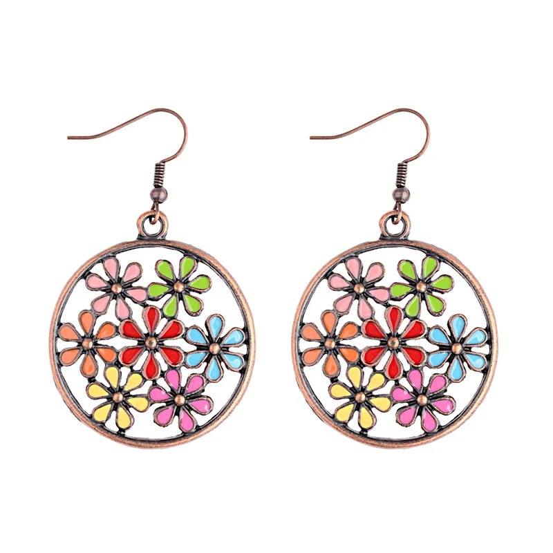 2019 винтажные полые круглые эмалевые Цветочные индийские висячие серьги