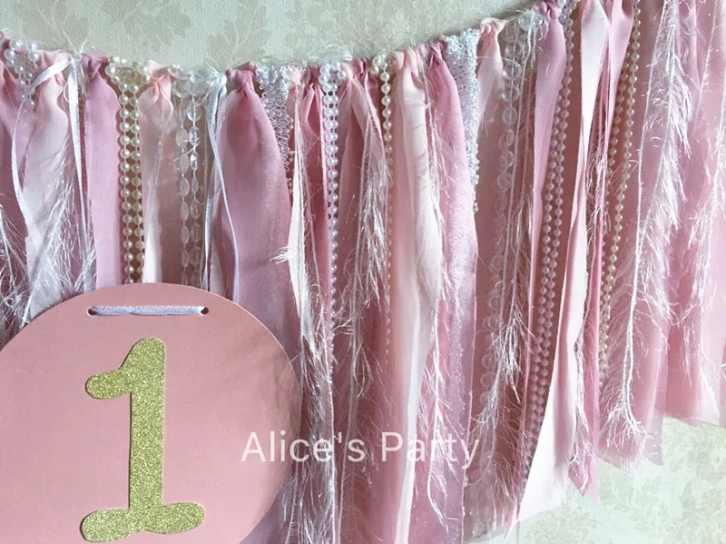 Pale Pink Chiffon Lace banner hot 1st Birthday party garland baby shower Bling one bunting girl first Wedding decorations | Дом и сад