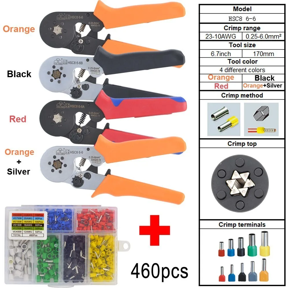 6-6 0.25-6mm 23-10AWG Hexagon& 10S 0.25-10mm 23-7AWG Quadrilateral Tube Bootlace Terminal Crimping Pliers Crimp Hand Tools HSC8 - Цвет: 6-6 SET