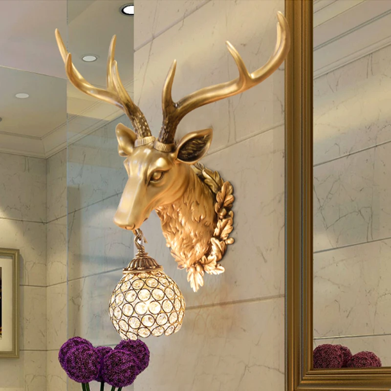 

American Living Room Background Deer Head Wall Lamp Hotel KTV Stairs Aisle Wall Lights Creative Bedroom Retro Antler Sconce