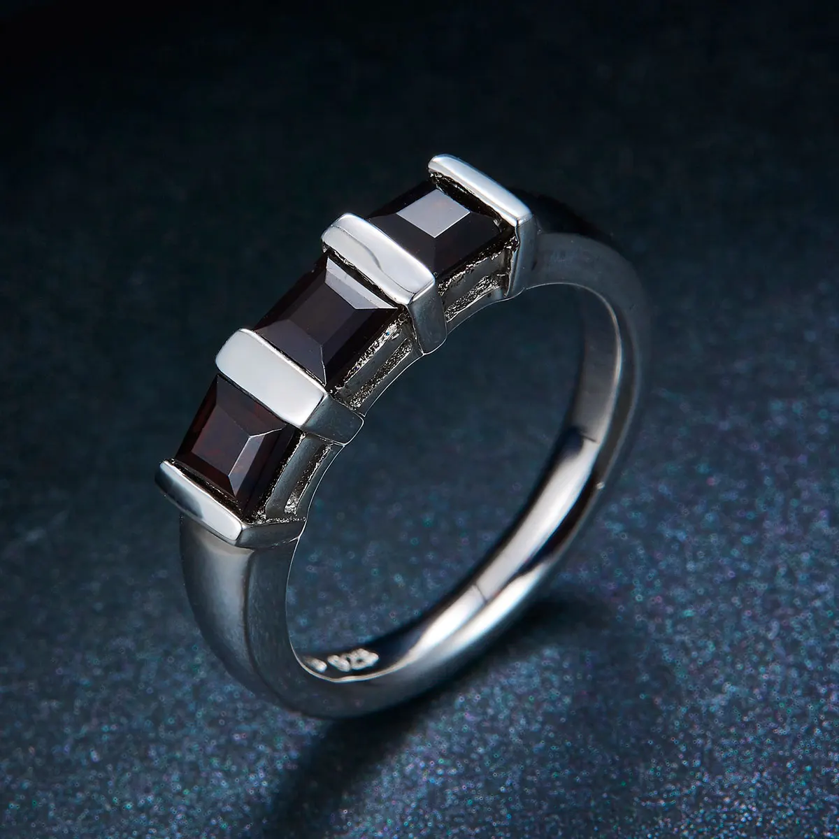 HUTANG 3-камень Природный Черный Гранат Твердые 925 Серебряное Кольцо Gemstone Fine Jewelry
