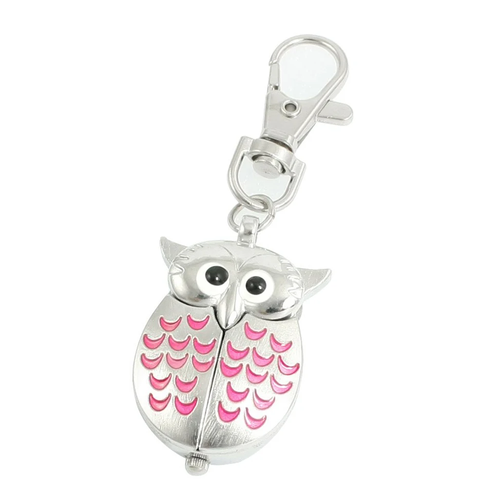 

YCYS-Silver Tone Pink Metal Owl Pendant Knob Adjustable Time Keyring Watch