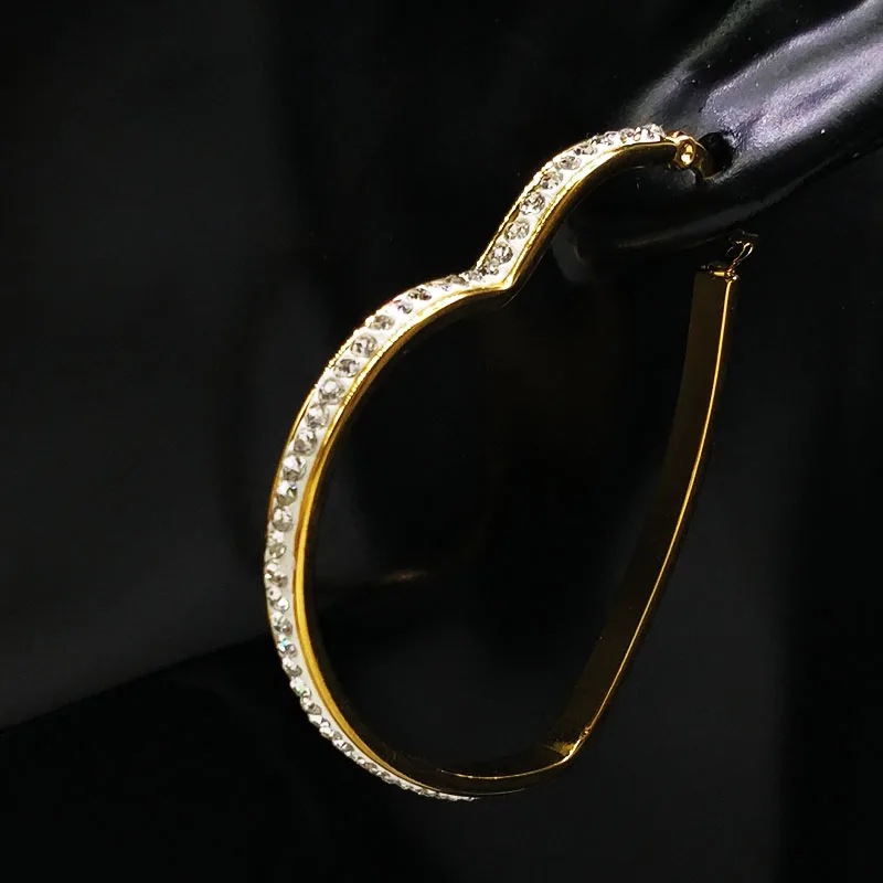 Серьги-кольца женские из нержавеющей стали с кристаллами большие золотого цвета