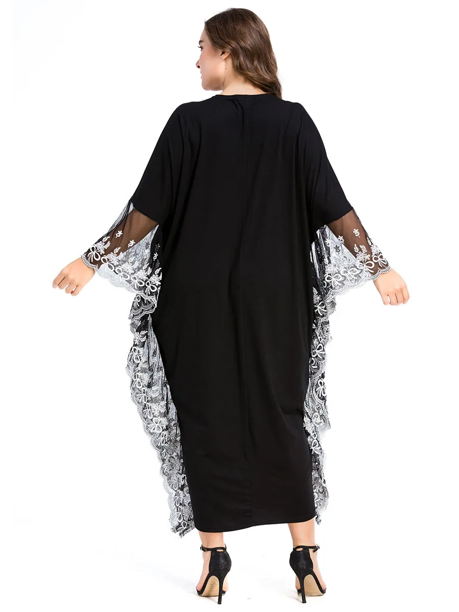 Черная женская мусульманская одежда Abayas вышивка рукав летучая мышь длинное