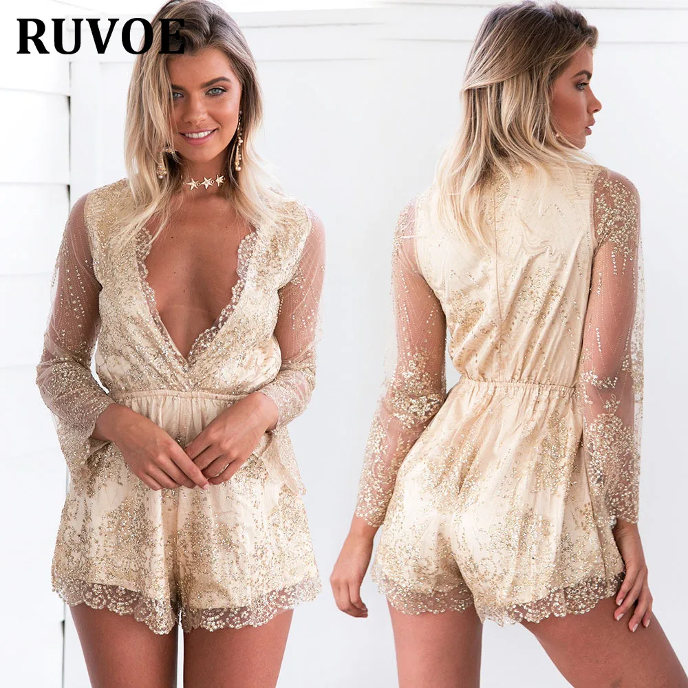 

Autumn Sexy Women V Neck Sequins Jumpsuit Mesh Long Sleeve Clubwear Green Gold Party Rompers 2018 Brands Playsuit Overall KLY-65