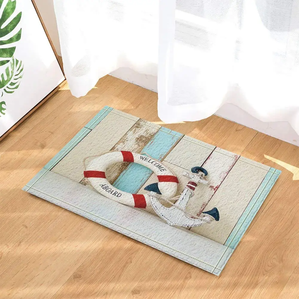 Якорь и спасательный круг на деревянном фоне коврик для ванной нескользящий