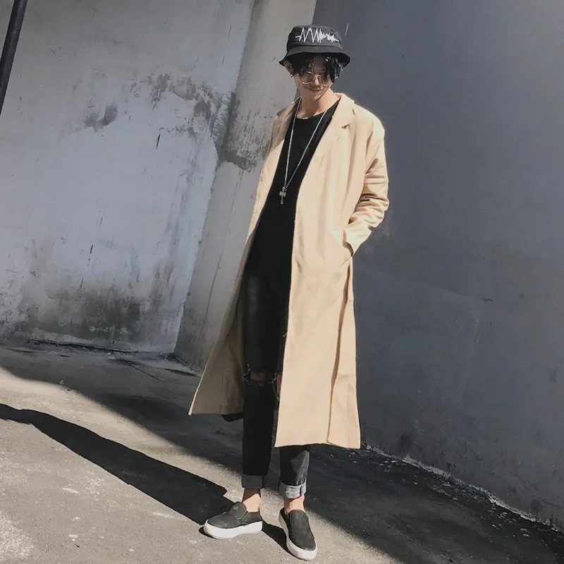 khaki Корейский стиль, мужской модный брендовый Тренч, воротник с поясом, длинные рукава, черная/хаки/зеленая ветровка, повседневное пальто, M-2XL - Цвет: khaki