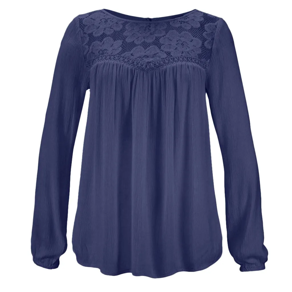 

Women Blouse Casual Solid O-Neck Long sleeve Patchwork Lace Tops womens tops and blouses woman shirt top