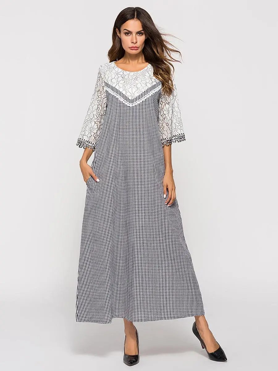 Muslim Women Long Maxi Dress A-line Plaid Lace Patchwork 3/4 Sleeve Abaya Gown Summer O-neck Islamic Clothing Arab | Тематическая