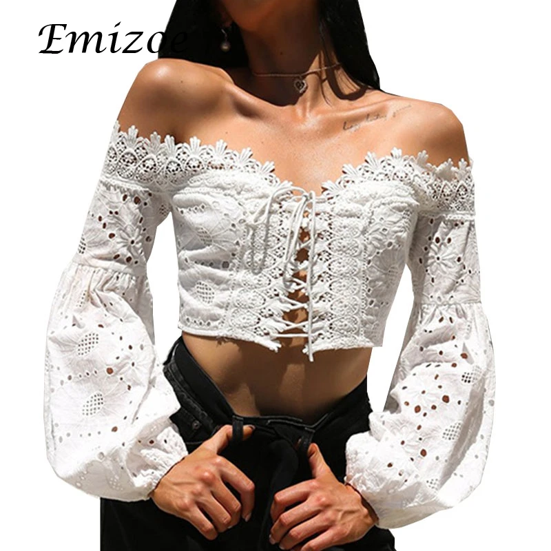 Emizoe 2018 летние сексуальные кружевные женские блузки рубашки со шнуровкой