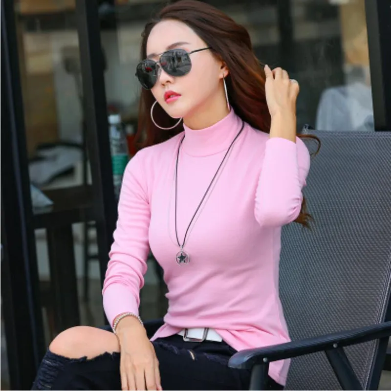 pink Женская футболка с длинным рукавом, футболка с высоким воротником, женские топы, одежда на весну и осень, облегающая модная повседневная одежда - Цвет: pink