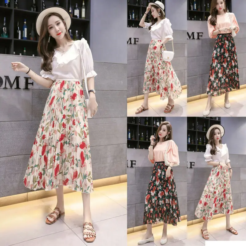 Fashion 2019 Women Chiffon Pleated BOHO Ladies Floral Jersey Gypsy Long Maxi Full Skirt | Женская одежда