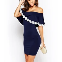 new style summer women dark blue lace stitching dress off shoulder strapless sexy dress slash neck mini dresses w850459