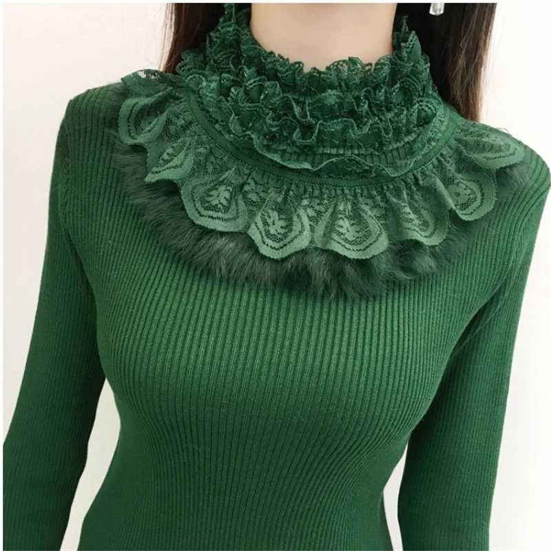 Autumn Women knit Sweater Pullover 2020 New Lace Bottom Shirt Long Sleeve Ruffle Slim Pull Knit Half Turtleneck ladies sweater | Женская