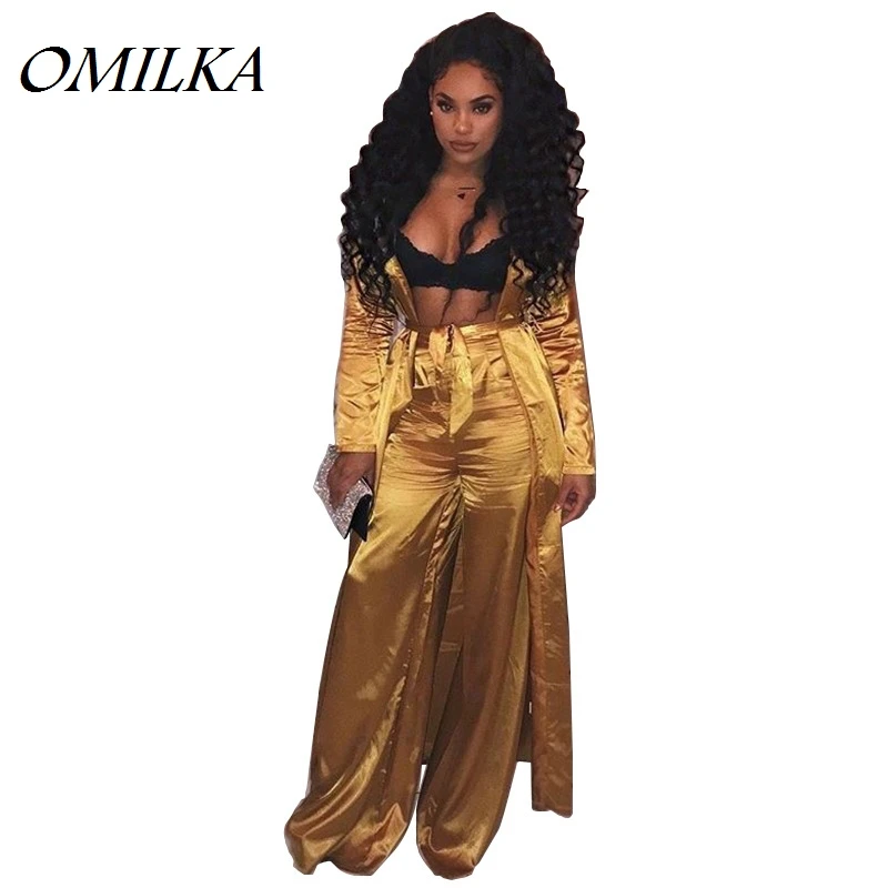 

Женский бандажный Шелковый тренчкот OMILKA, черный, синий, золотой тренчкот с длинным рукавом, для клуба и вечеринки, Осень-зима 2018