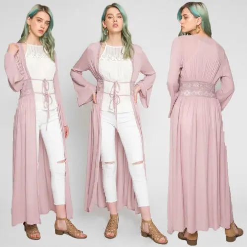 Женское повседневное винтажное кимоно длинное черное с вязаным кружевом