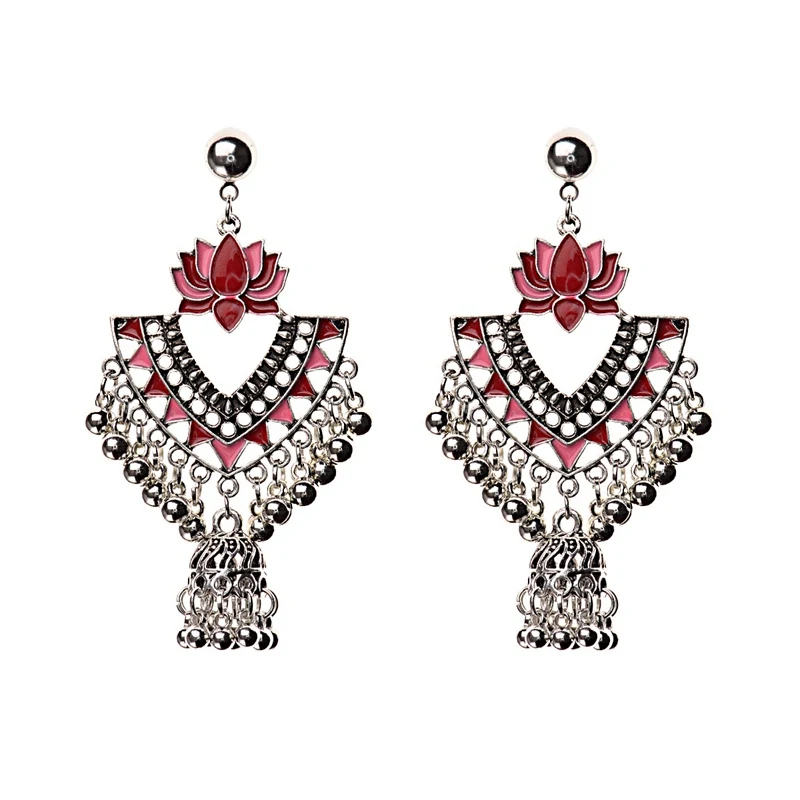 Amader египетские Винтажные серьги с кисточками зеленого лотоса Jhumka Bells для женщин, турецкие племенные цыганские треугольные индийские ювелирные изделия HXE068 - Окраска металла: Pink