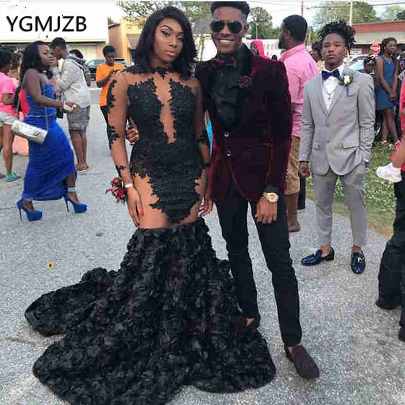 Sexy Prom Dress Black 2019 Mermaid Long Sleeves Flowers Lace African Black Girls Graduation Dress Formal Evening Party Gowns