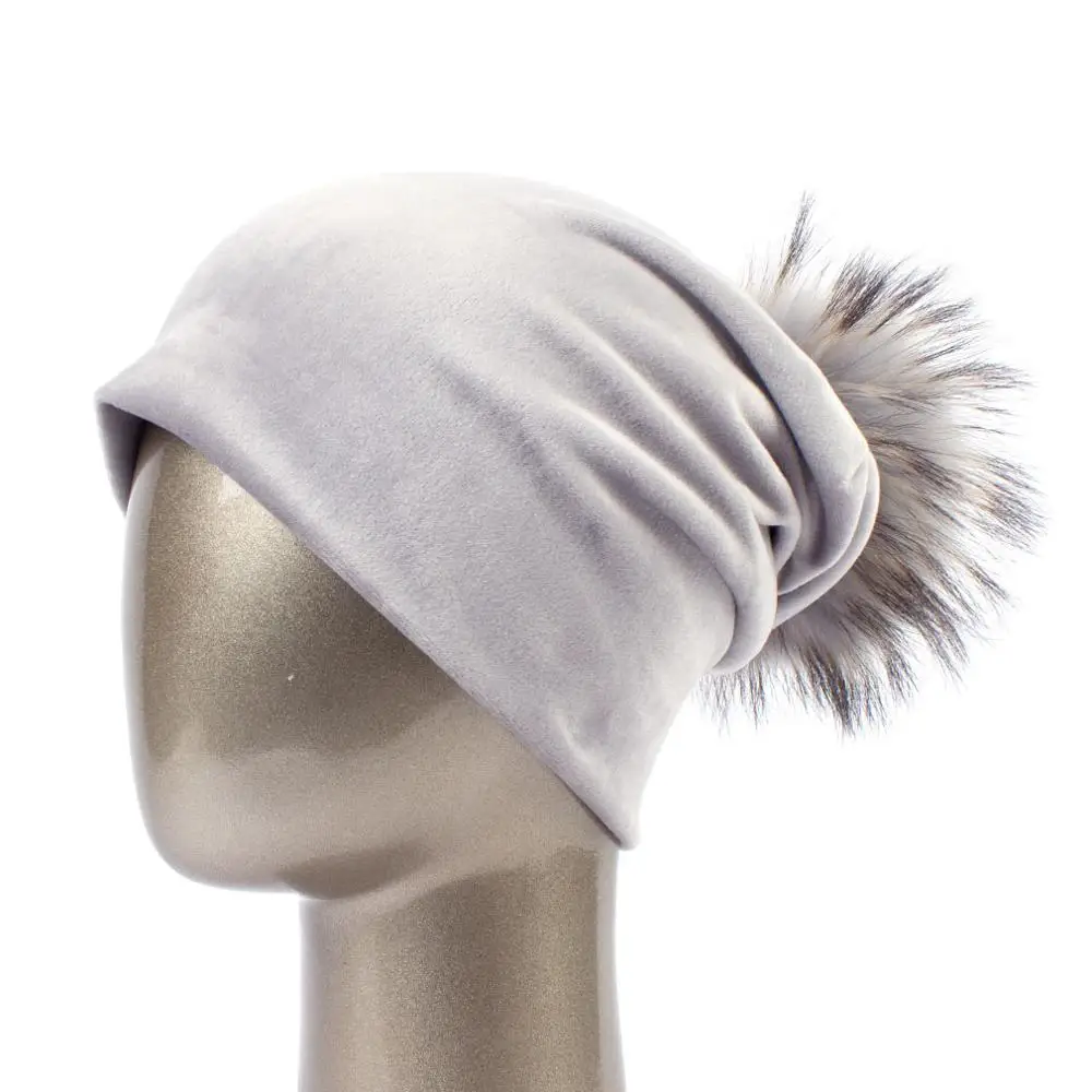 Light Grey B Geebro/Брендовая женская шапка с помпонами, повседневная бархатная шапка Skullies Beanies, вязаные шапки из полиэстера, шапка с меховым помпоном из енота - Цвет: Light Grey B