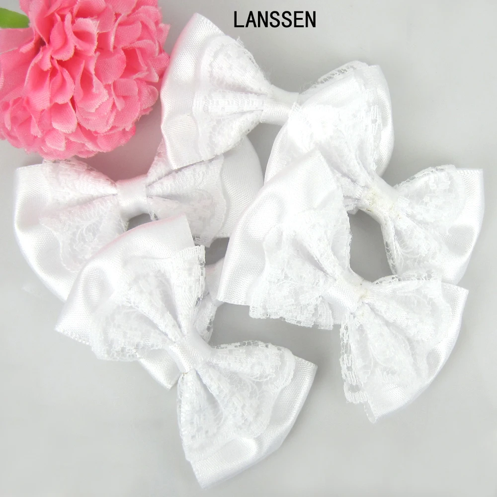 24 шт. белая кружевная сатиновая лента-цветы бантом луки для маленьких детей