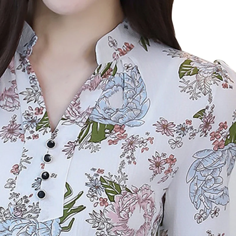 

Fashion Floral Blouse Long Sleeve Women Chiffon Blouse Printing Standing Collar Casual Thin Slim Blouses Top