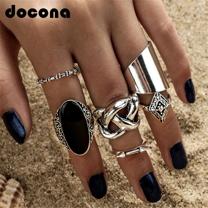 

Docona Bohemia 6pcs/set Vintage Silver Color Finger Ring Exaggerated Big Knuckle Midi Rings Sets Fashion Finger Jewelry 3450