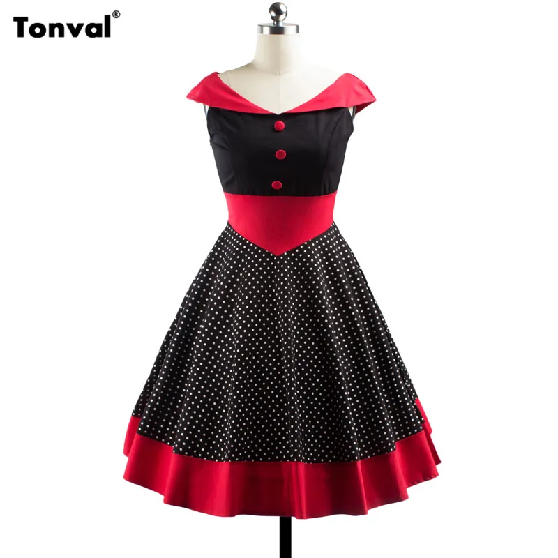 Black and Red Tonval, винтажное, в горошек, 1950 S, на булавке, хлопковое платье для женщин, сексуальное, с открытыми плечами, для вечеринки, рокабилли, элегантные платья - Цвет: Black and Red