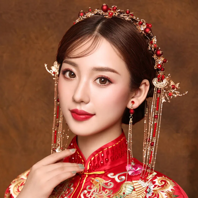 Китайские наборы аксессуаров для волос шпилька заколка красная Свадебная