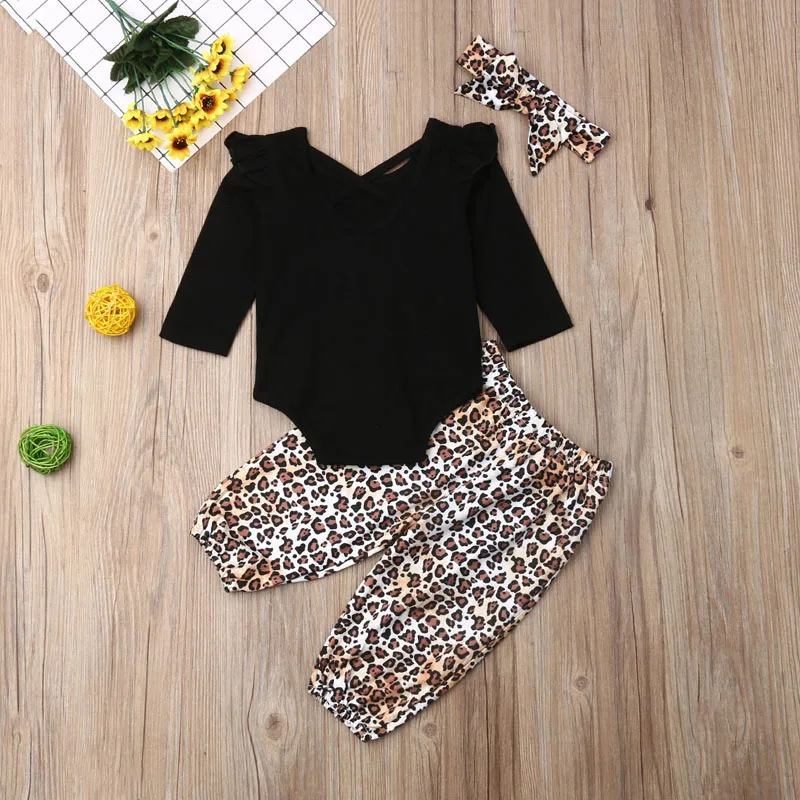 3PCS Baby Girl Toddler Kid Fall Clothes Outfit Long Sleeve Solid Black Cotton Romper Leopard Pants Trousers Headband Set | Детская