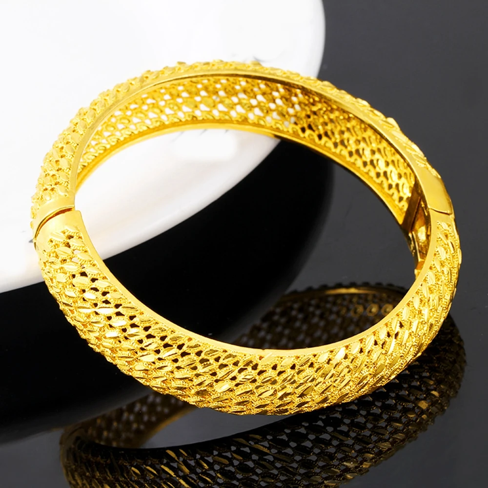 

Thick Hollow Bangle Yellow Gold Filled Classic Wedding Party Mesh Jewelry Womens Bangle Bracelet