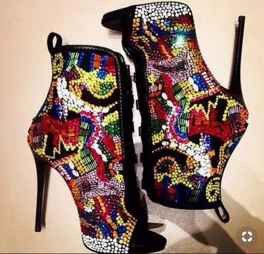 2019 Hot Selling Colorful Crystal Embellished Ankle Boots Peep Toe Lace-up Short Bootie Coverd Heels Multi Color Beads | Обувь