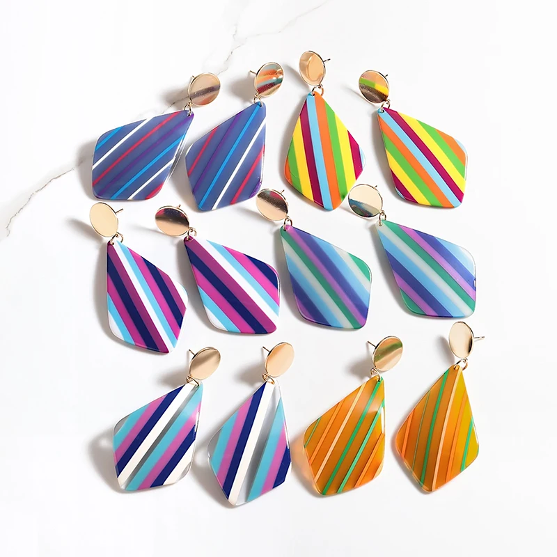 

Long Colorful Stripe Water drop Earrings For Women Candy Acrylic Dangle Earrings Elegant Jewelry Earings Fashion Jewelry 2021