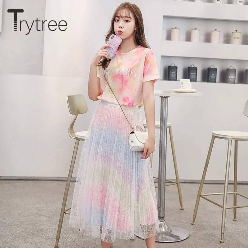 Trytree/летний женский костюм из двух предметов повседневный топ с круглым вырезом и