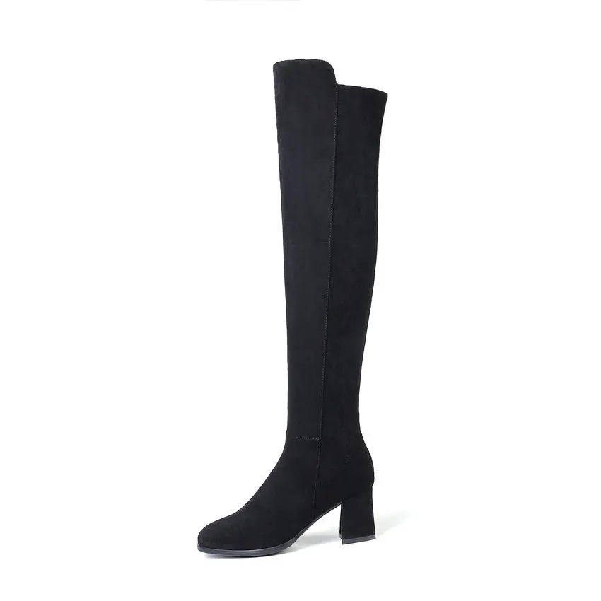 ESVEVA 2019 Women Boots Winter Warm Fur Over The Knee Flock Western Style Square High Heels Sewing Ladies Size 34-43 | Обувь