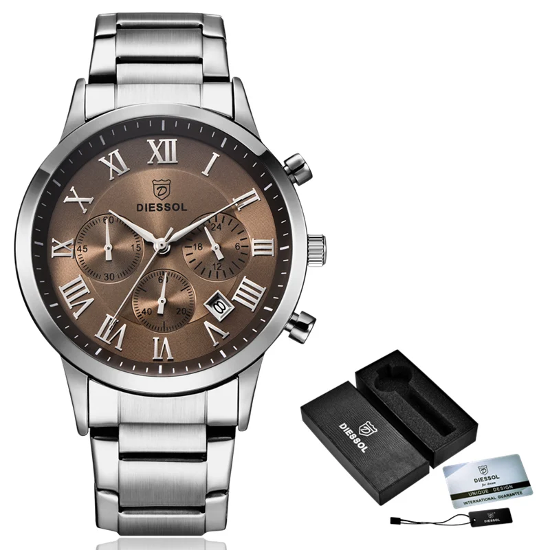 Silver Brown DIESSOL мужские s часы лучший бренд класса люкс Бизнес Кварцевые часы мужские повседневные стальные водонепроницаемые спортивные наручные часы Relogio Masculino - Цвет: Silver Brown