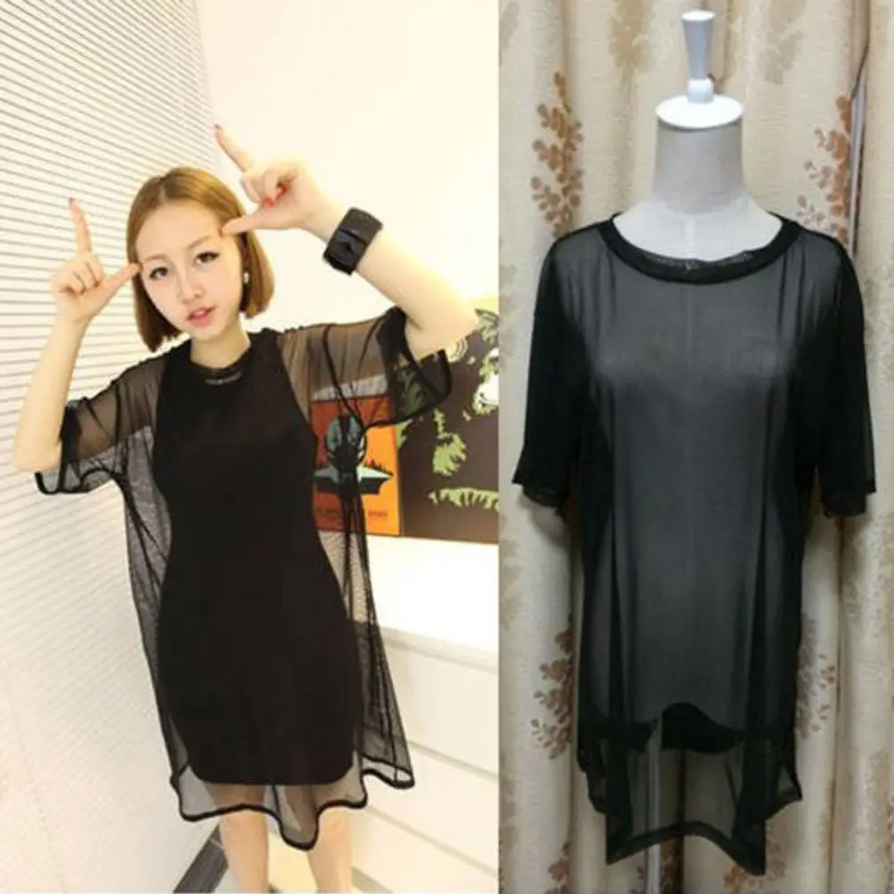 Модная сексуальная черная прозрачная Сетчатая футболка большого размера с