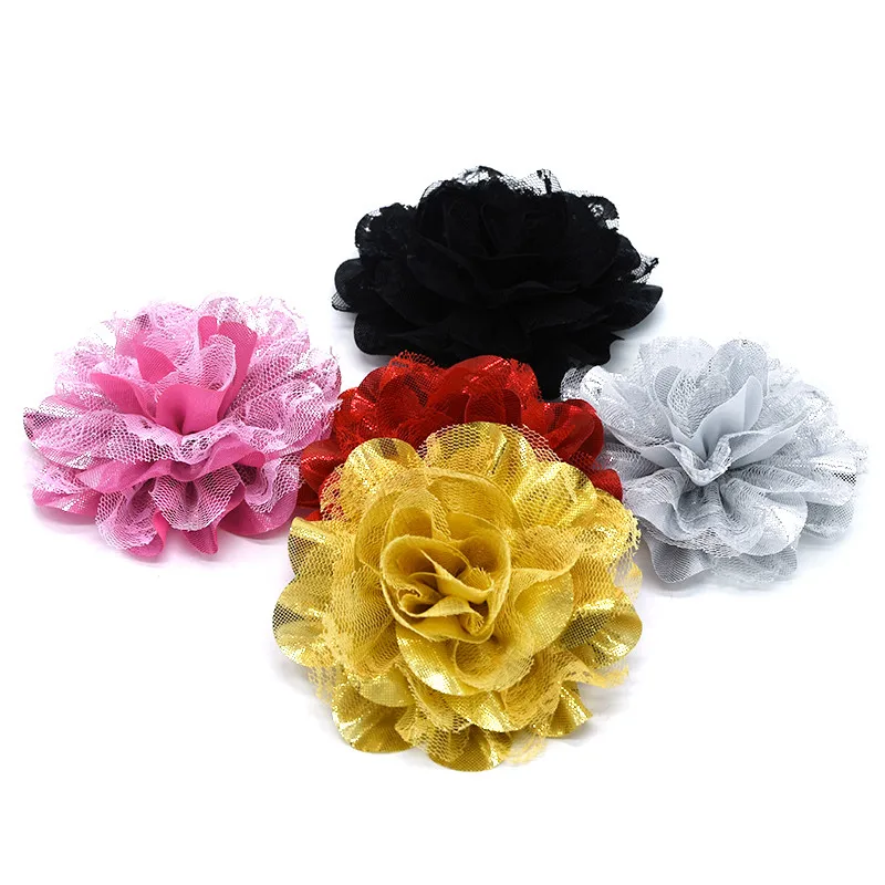 Самодельные Цветы Дети Boutique-3.75inch блестящие шифоновый кружевной цветок 20 шт./лот наклейки на ногти серебряная ткань фабричного производства цветок
