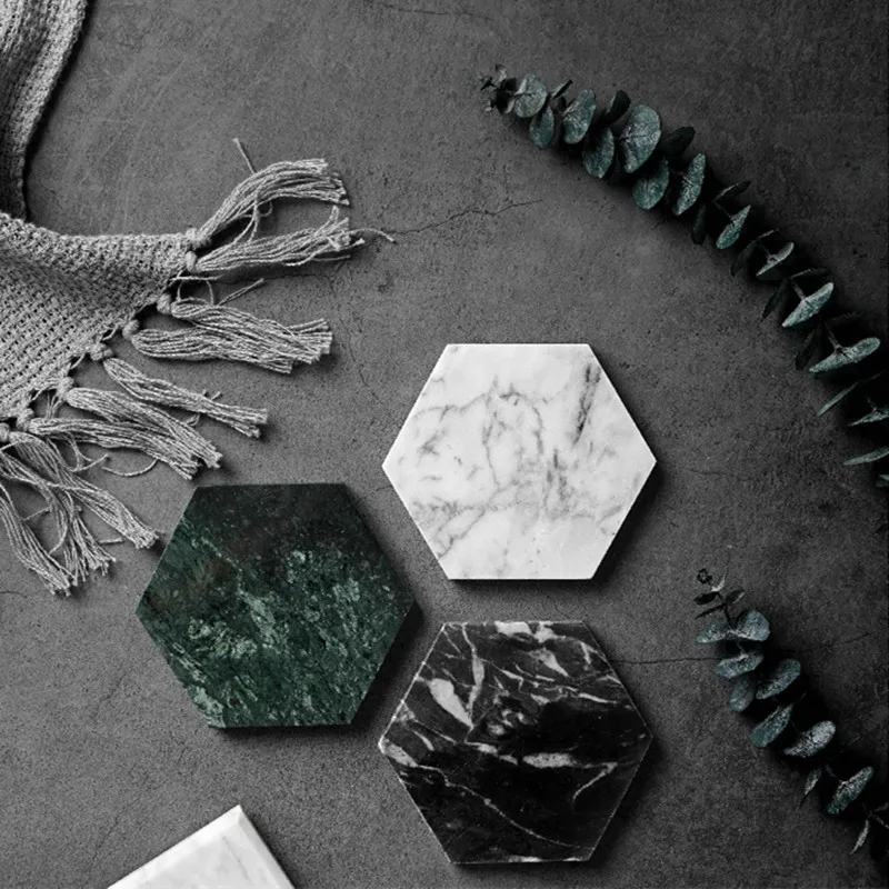 Подставка для кофейной чашки набор мраморный белый черный серый шестигранный